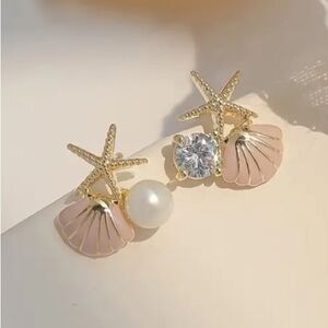 Pearl & Diamond Pink Enamel Seashell Textured Starfish Gold Toned Stud Earrings